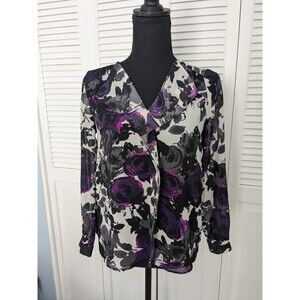 LOFT Petite Blouse Women’s Sz XSP Floral Black/Purple Long Sleeve Chiffon Roses
